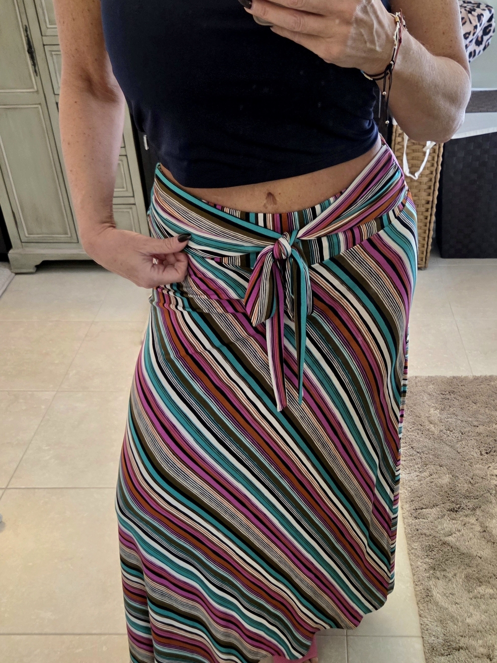 Veronica M Chevron Multicolor Striped Tie-Waist Midi Skirt